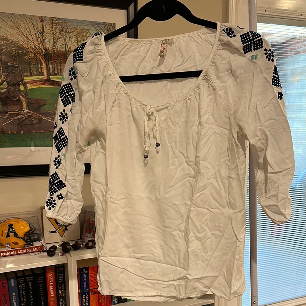 White and Blue Embroidered Women's Top